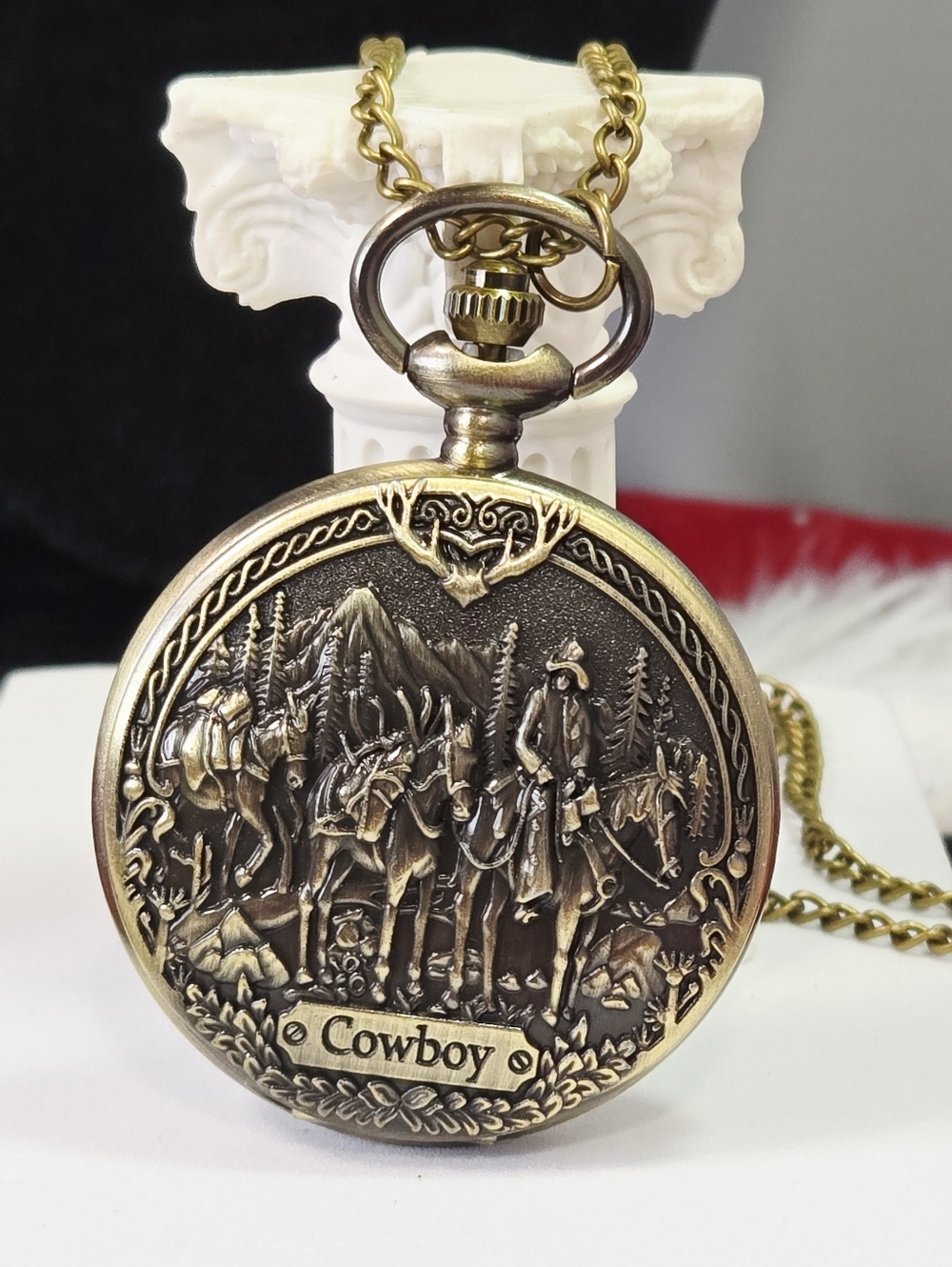 Cowboy Pocket Watch Chain Western Horse Rider Antique Bronze Rugged Rustic Gift